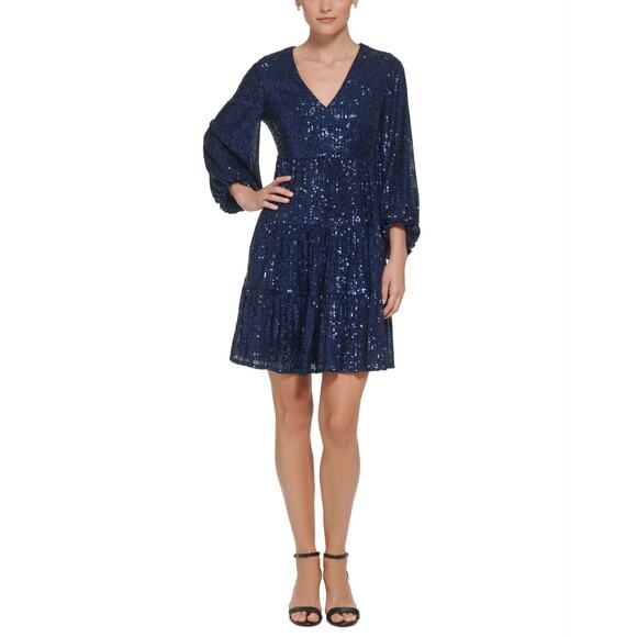 Eliza J Dresses & Skirts - Eliza J Sequined Long Sleeve A-Line V-Neck Mini Cocktail Dress Navy Blue Size 8